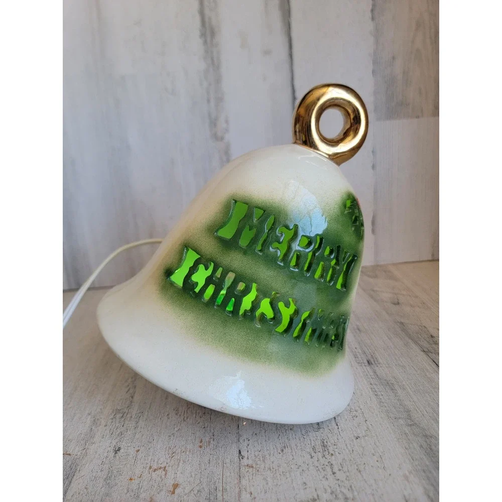 Large vintage Merry Christmas ceramic bell light up mistletoe white unique home